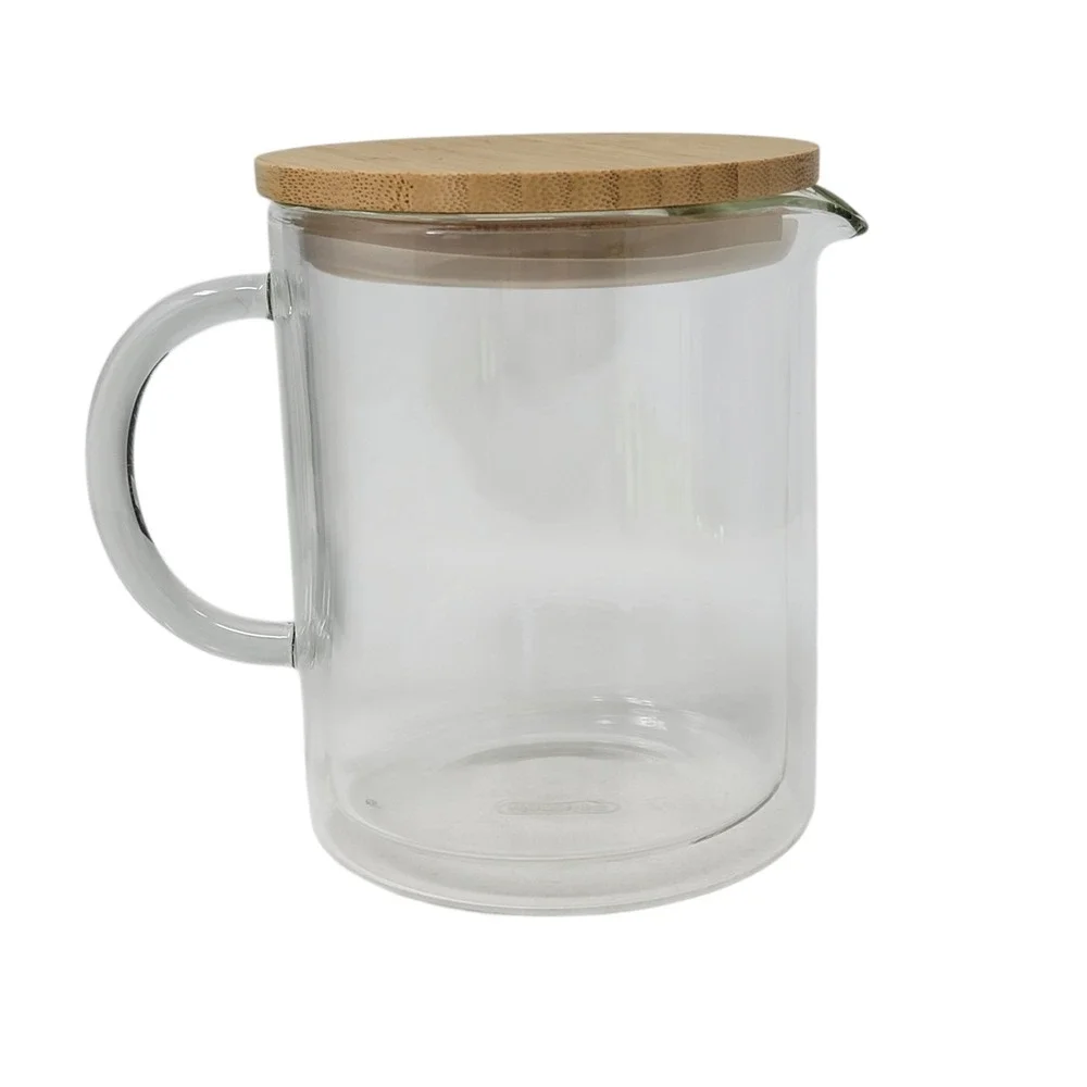 Double Wall Glass Coffee Pot Bamboo Lid 25oz Thermal Carafe Open Box‎ New